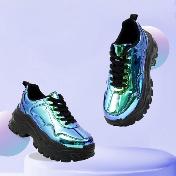 Niluber Tennis Shoes Women Size (6-8) Blue Hologram KPU Chunky Sneakers . - Picture 3 of 7